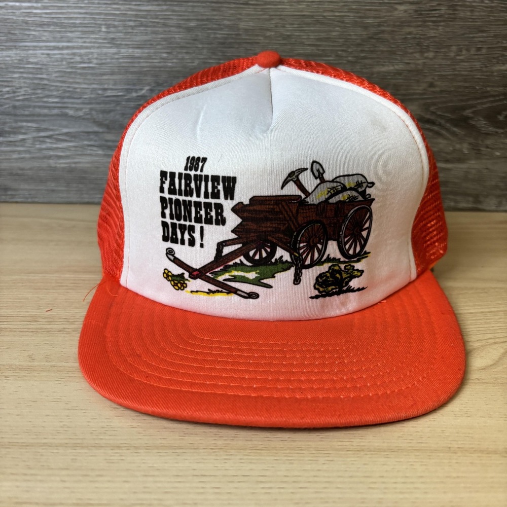 VINTAGE Fairview Pioneer Days Hat Cap Snap Back One Size Orange Trucker Mens 80s